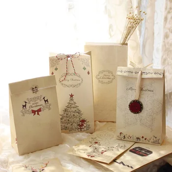 

24 sets Merry Christmas kraft paper bag add sticker Gift Bags Party snacks candy PackagingGift Wrap Storage bag