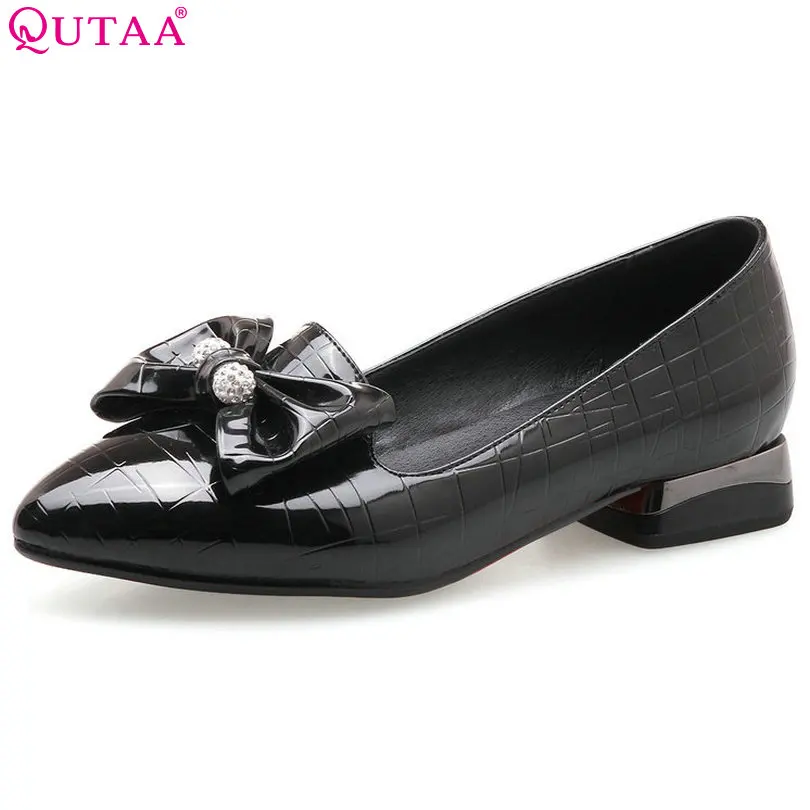 

QUTAA 2018 Women Pumps PU leather Square Low Heel Shoes Crystal Elegant Butterfly-Knot Black Ladies Wedding Shoes Size 34-43