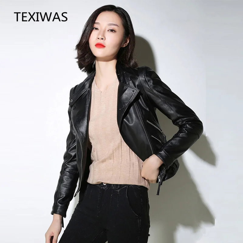 

TEXIWAS Genuine leather jacket women autumn short coats moto biker leather jacket slim 100% Real sheepskin Outerwear top quality
