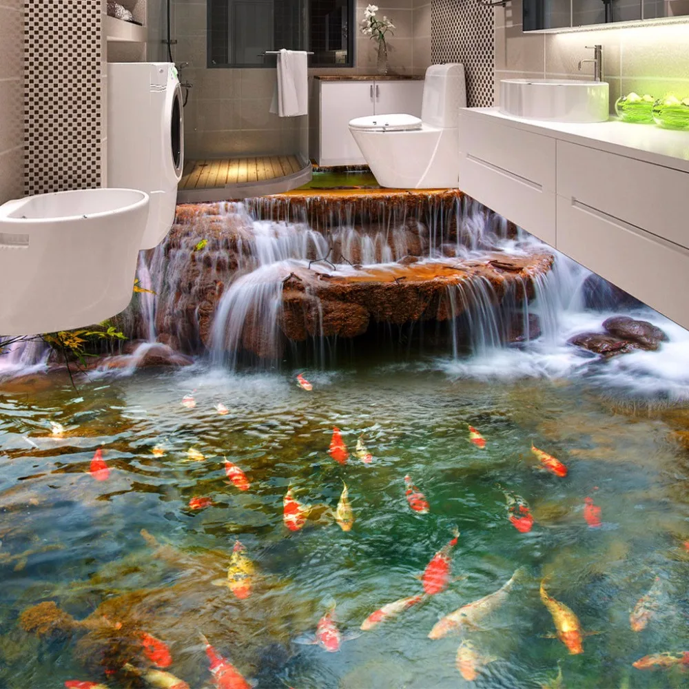 Günstig Nach 3D Boden Tapete Wasserfall Karpfen Badezimmer Boden Wandmalereien 3D PVC Selbst adhesive Wand Aufkleber Tapete Wasserdicht