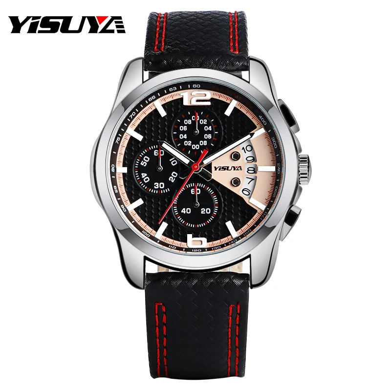 

YISUYA Genuine Leather Band Aviator Men Analog Quartz Luxury Male Calender Pin Buckle Fashion Military Date Wrist Watch