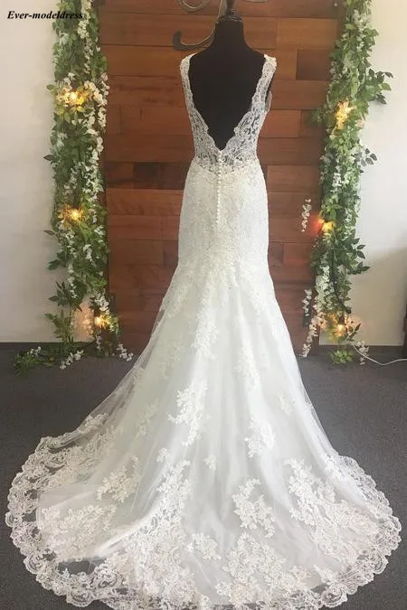 Kaufen Meerjungfrau Hochzeit Kleider 2020 Open Back V ausschnitt Spitze Appliques Perlen Sweep Zug Illusion Top Sexy Brautkleider Robe De Mariee