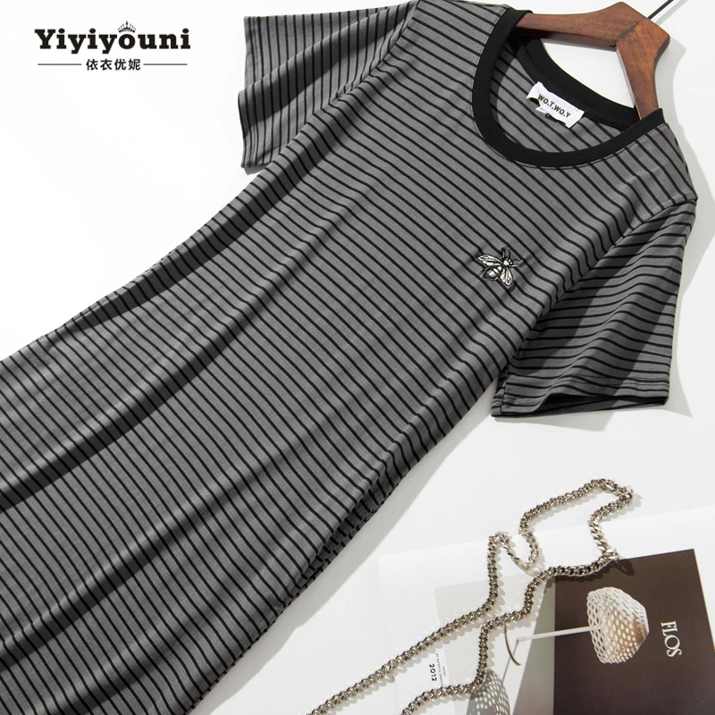2019 Summer Black Striped Bee Embroidery Dresses Women Casual Long Straight Ankle-Length Shirt Dress Woman Plus Size