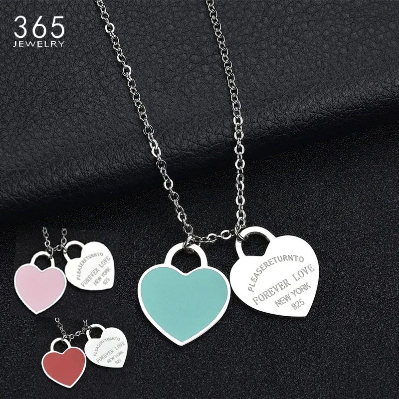 

Fashion Accessories Enamel Double Heart Pendant Stainless Steel Necklace "FOREVER LOVE" Letter Necklace Wedding Gift