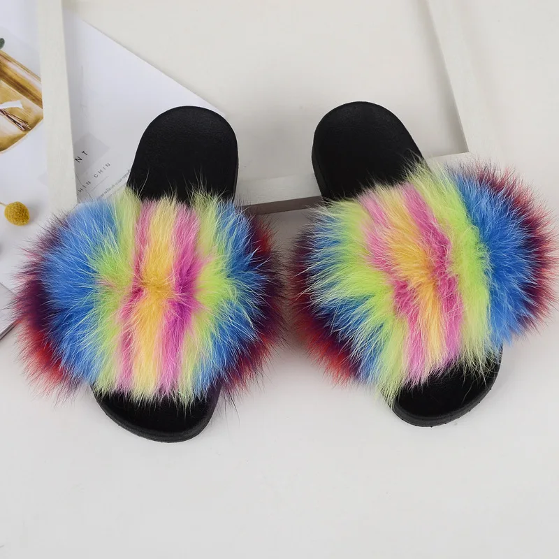 New Mixed Color Real Fox Fur Slippers Slides Casual Shoes Fluffy Slippers Flip Flops Furry Shoes Women