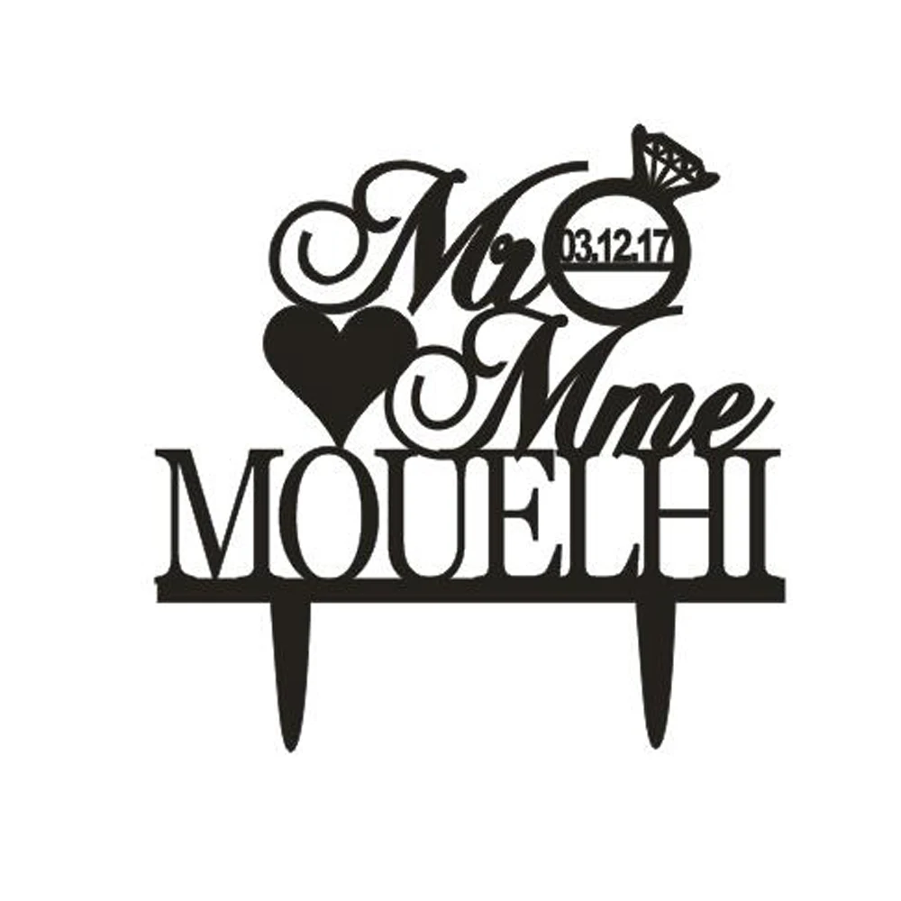 Personalized Name&Date Modern Wedding Cake Topper,Custom Mr and Mrs with heart Ring Wedding Cake Topper ,Wedding Decor Supplies (5)