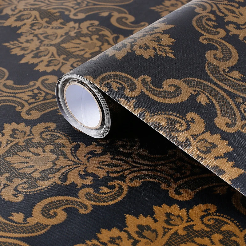 50 м* 0,6 м Высококачественная Черная Золотая Роскошная рельефная текстура металлическая 3D Дамасская настенная бумага для рулона стен моющаяся виниловая ПВХ настенная бумага