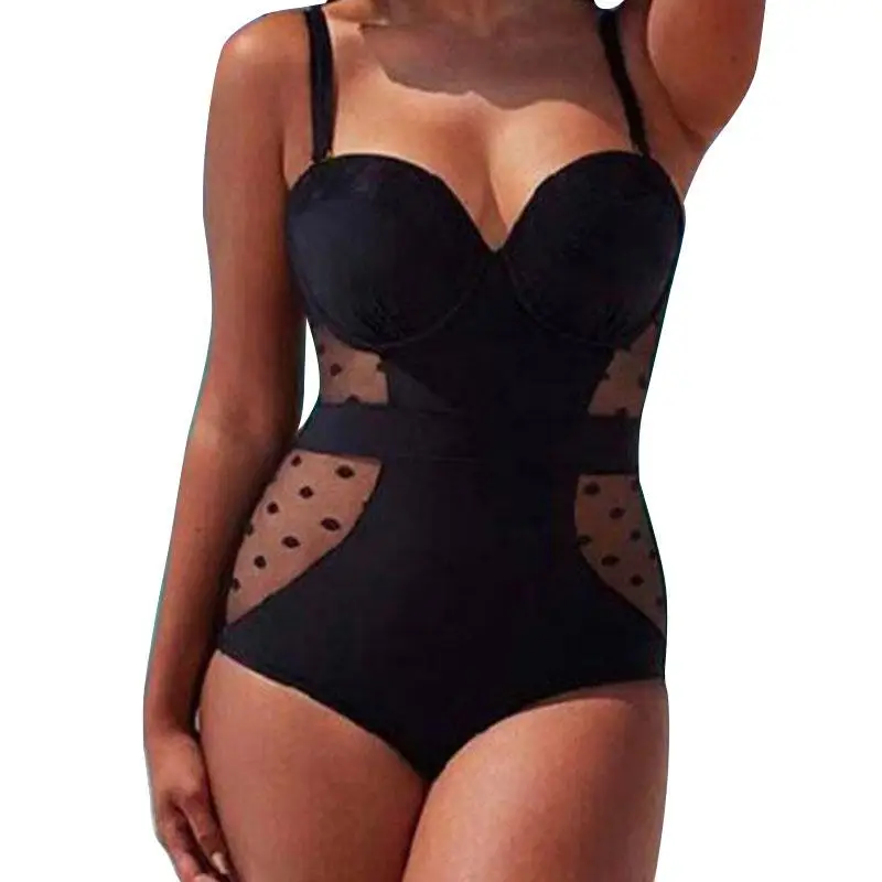 

2017 One Piece Swimsuit Mesh Splicing Dot Swimsuits Swimwear One-Piece swim wear Biquini Swimming Suit Plus Size 6XL
