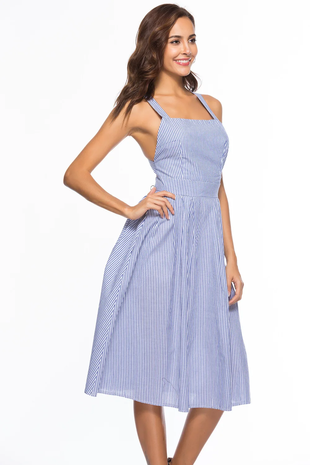 2018 Summer Light Blue Striped Halter Neck Dress Backless  Cross shoulder strap  Sexy striped dress Free Shipping