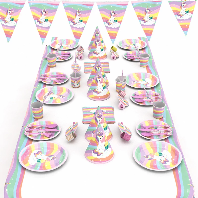 

Cloud Rainbow Unicorn Children Birthday Holiday Party Arrangement Supplies Paper Tray Flag Cup Disposable Tableware Set