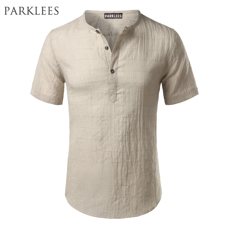 Cotton Linen Shirt Men 2017 Brand Short Sleeve Mens Henley Shirt Casual