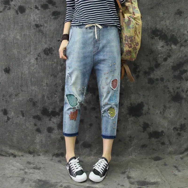 

QPFJQD Cute Cartoon Pattern Embroidery Jeans Female Elastic Waist Cotton Patchwork Hole Denim Trouser Teen Girl Cowboy Clothes