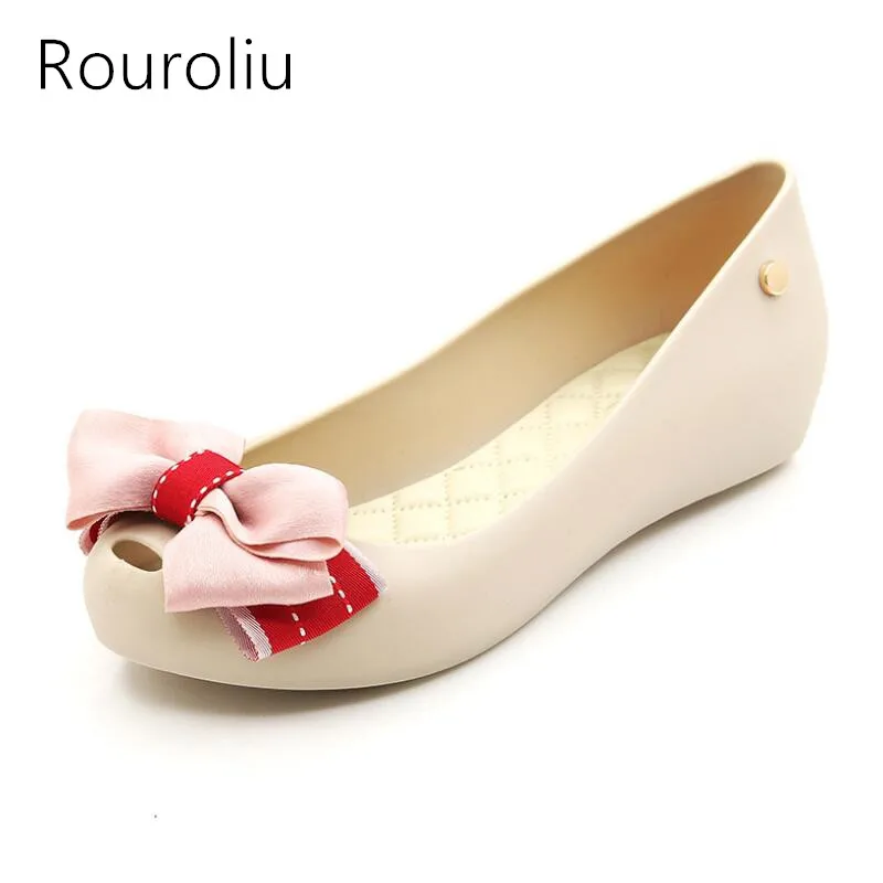 

Rouroliu Women Summer New Fashion Bowknot Casual Flats Comfortable Non-Slip Peep Toe PVC Waterproof Jelly Shoes Woman RB138