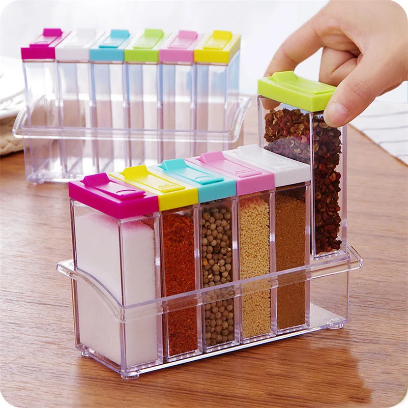 6PCS SET Clear Seasoning Rack Spice Pots Acrylic Seasoning Box Storage Container Condiment Jars Kitchen Tool