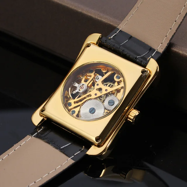 2018 Winner Brand Retro Casual Series Rectangle Dial Design Golden Pattern Hollow Skeleton Watch Men Top Luxury Mechanical Clock