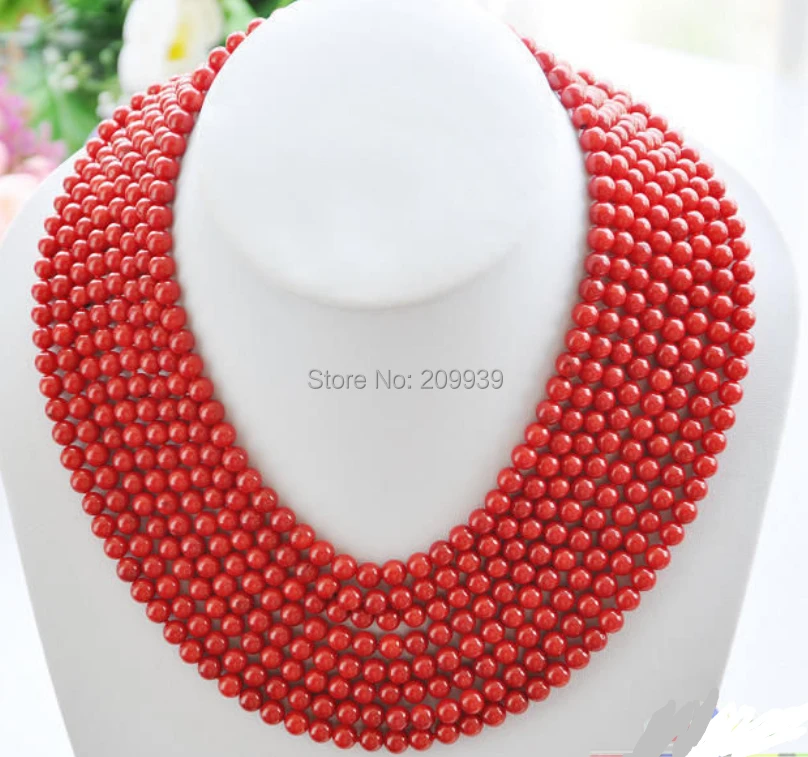 

huij 00292 Real 8row 16"~22" 6MM round red coral bead necklace