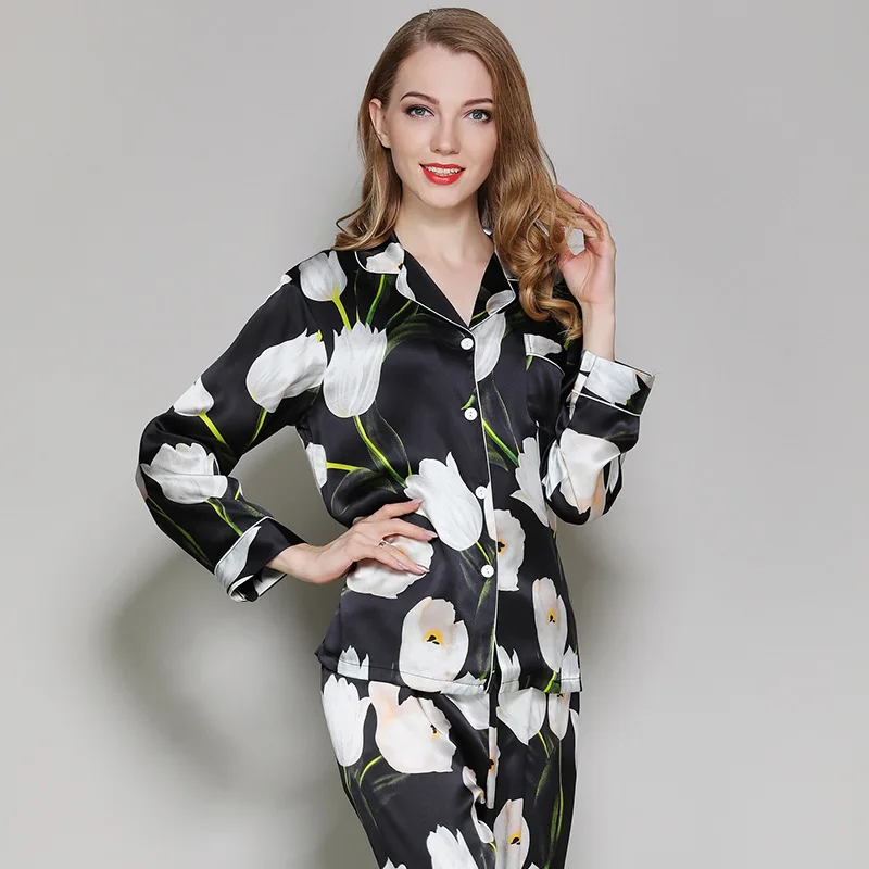 Greenish lily flower fashion 100 silk pajama sets womens sleepwear