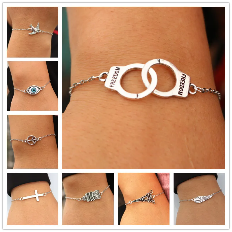 Bracelet Jewelry Vintage Charm Bracelets For Men Women Bangle Cross Heart Handcuff Bird Love Peace Eye Link Wrap Chain