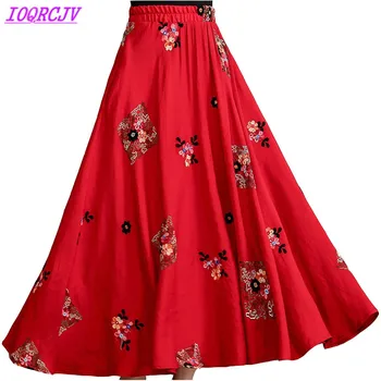 

Cotton linen skirt for womens 2018 spring summer fashion embroidery high waist skirt female Elastic waist Large swing long skirt