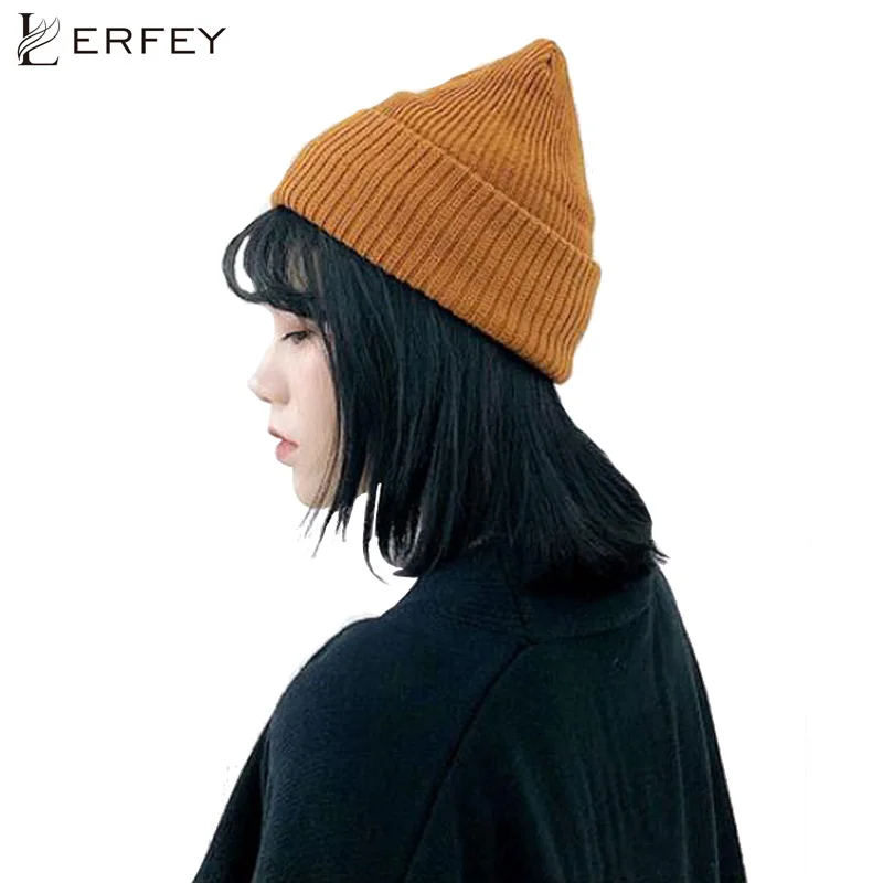 LERFEY зима Шапки Для женщин трикотажные сплошной Skullies Beanies осень Карамельный цвет шапки Теплее капот дамы Повседневное острым громоздкая Hat