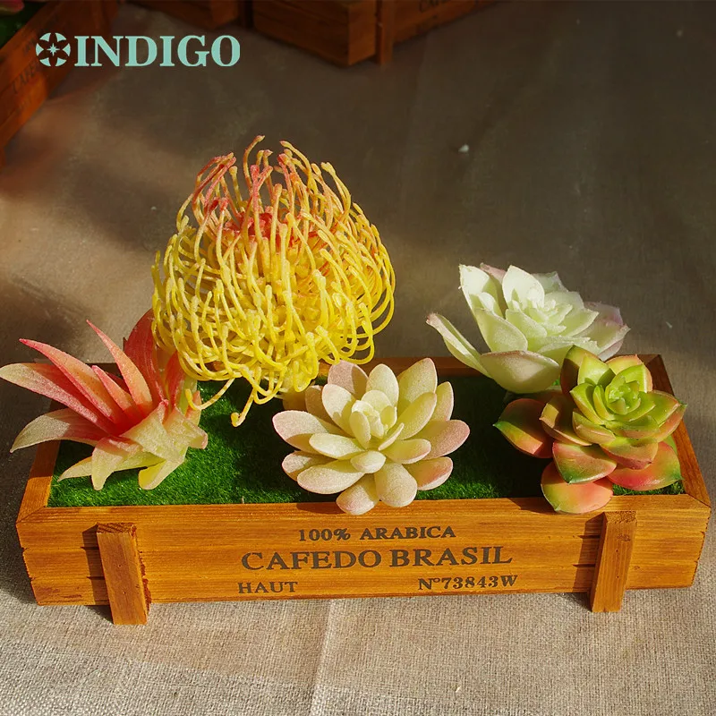 INDIGO- Yellow Artificial Succulent Plant (5pcs Succulent +1 Wood Tray)/Set Flower Bonsai Table Decoration Plant Free Shipping INDIGO- Yellow Artificial Succulent Plant (5pcs Succulent +1 Wood Tray)/Set Flower Bonsai Table Decoration Plant Free Shipping