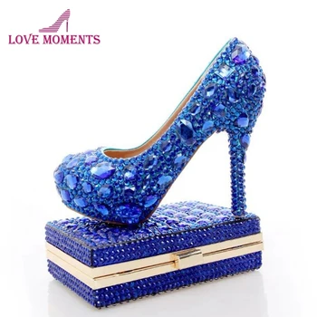

Royal Blue Rhinestone Wedding Shoes with Fashion Crystal Matching Bag Party High Heels with Clutch Bridal Shoes Lady Prom Pumps