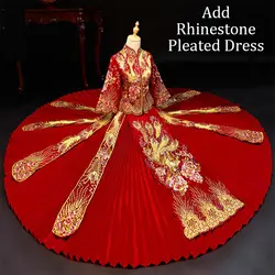 Изысканный горный хрусталь Плиссированное вечернее платье длинный Cheongsam Королевский Qipao женский свадебный костюм Азиатский сценический