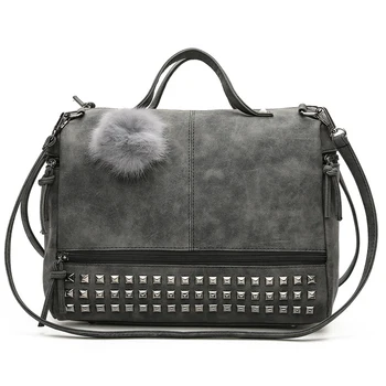

HairBall Shoulder Bags Motorcycle Messenger Bag Vintage Nubuck Leather Female handbags Rivet Larger Women Bag handbag bolsa