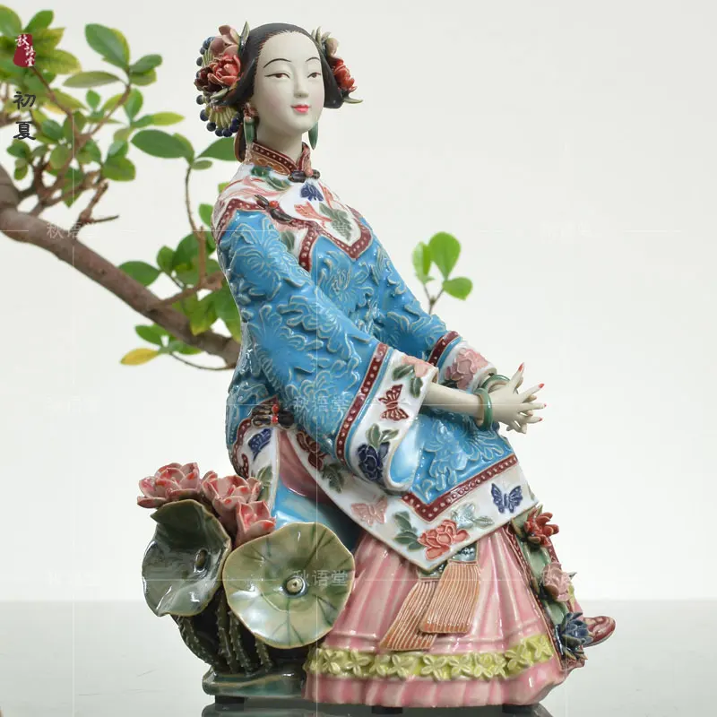 

Antique Chinese Shiwan Figurine Pottery Woman Statue Handpainted By Artist Sculptuer Oriental Asian Decor Home Ornament Art Gift