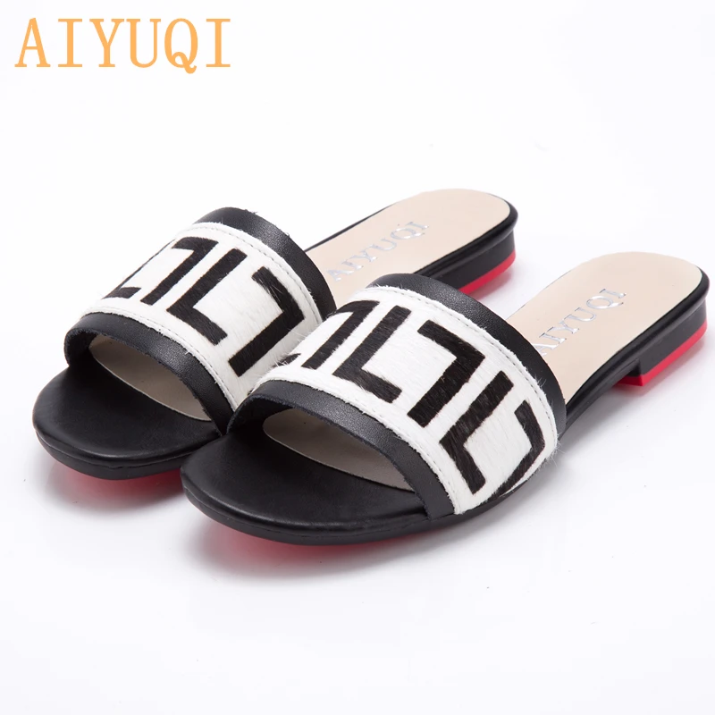 

AIYUQI Women's Slippers Summer 2019 New Genuine Leather Flat Women's slides , Mohair Casual Outdoor Slippers Women shoes