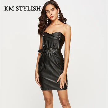 

2019 New Spring Lady Fashion PU Strapless Package Hip Metal Button Sashes Casual Women Dress