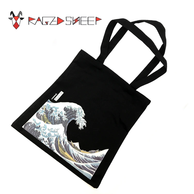 Raged Sheep Fashion Cotton Grocery Tote Shopping Bags Folding Shopping Cart Eco Grab Reusable Bag With Sea Wave Print Raged Sheep Fashion Cotton Grocery Tote Shopping Bags Folding Shopping Cart Eco Grab Reusable Bag With Sea Wave Print