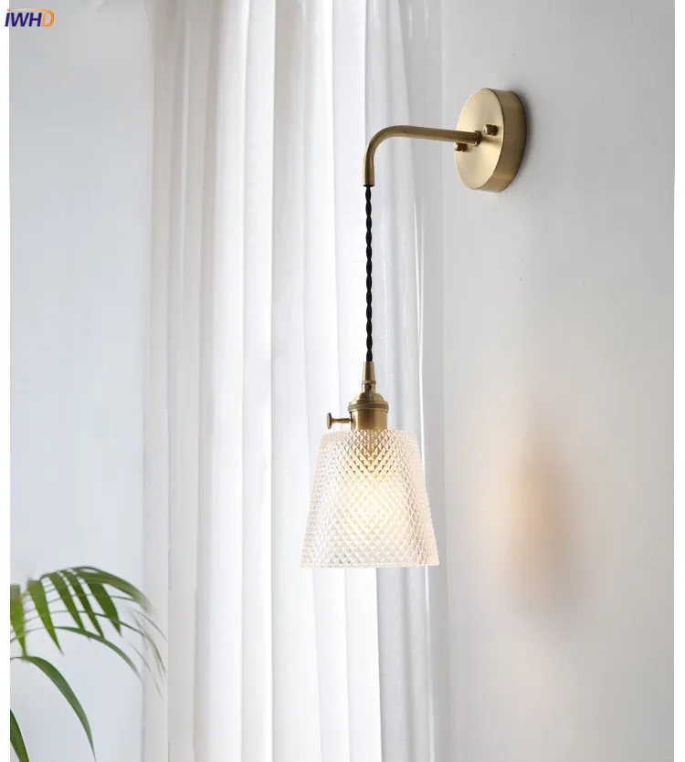 Luminárias para Casa Iluminação de Parede Lâmpada de Parede do Banheiro Espelho de Luz da Escada de Vidro Iwhd Nórdico Japão Retro Luzes Quarto Cobre Wandlamp 11 Luminárias de parede