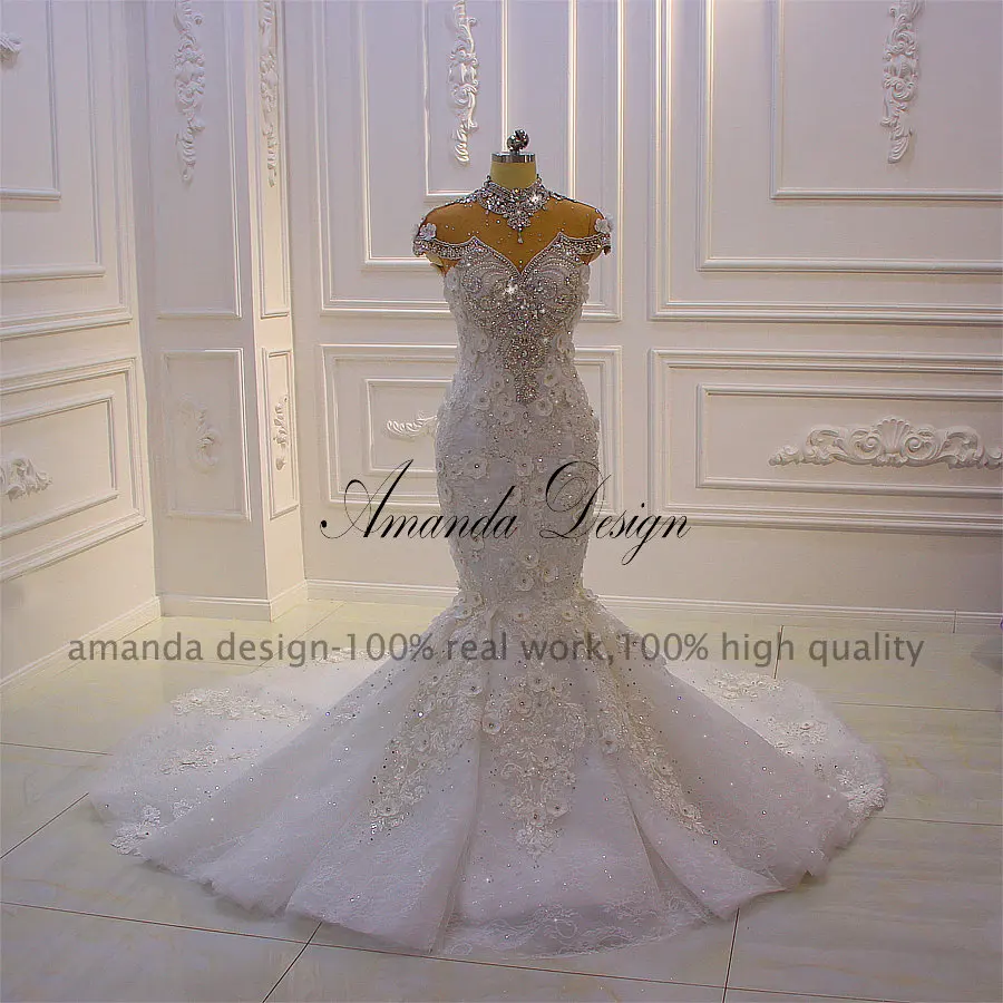 Аманда Дизайн Роскошный Высокий воротник горный хрусталь хрустальные цветы Русалка Африканский свадебное платье