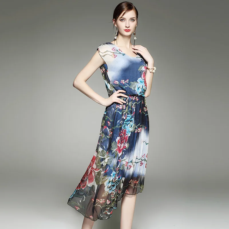 100 Silk Dress Irregular Hem Design Print O Neck Sleeveless Elastic