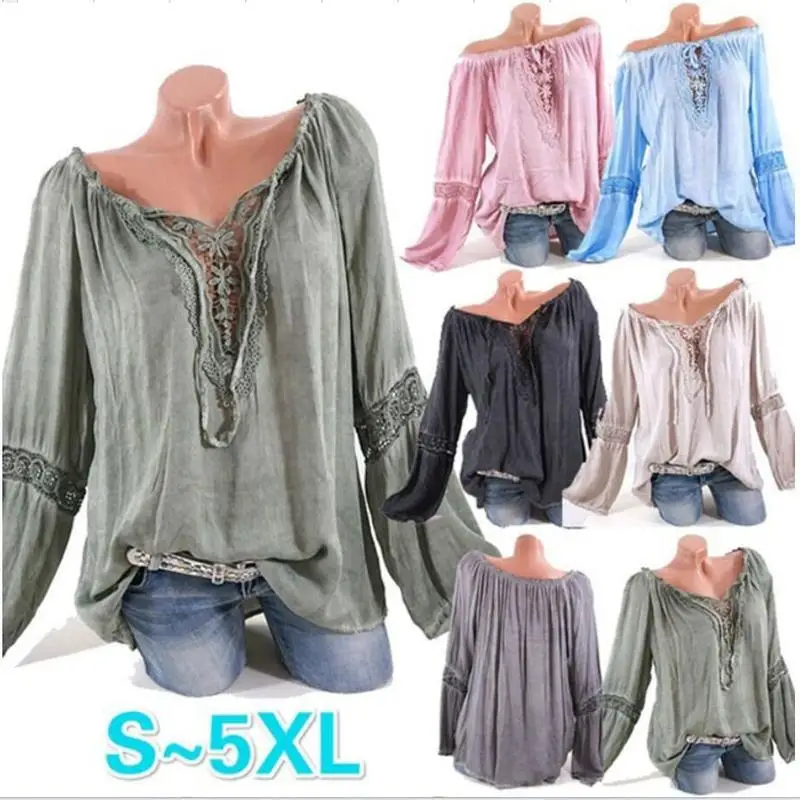 

Large size women's blouse 2019 word collar solid color lace stitching loose large size women's shirt S-5XL