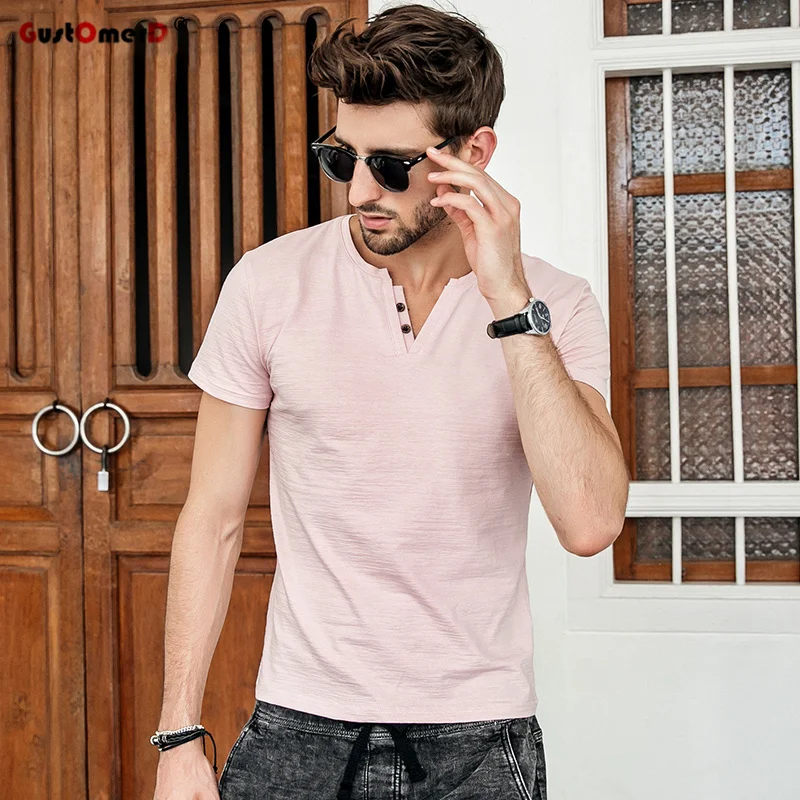 

GustOmerD New Summer Men T-shirt Fashion V-neck Men Brand Tshirt Solid Color Slim Fit T shirts Summer Casual Mens Tee Shirts