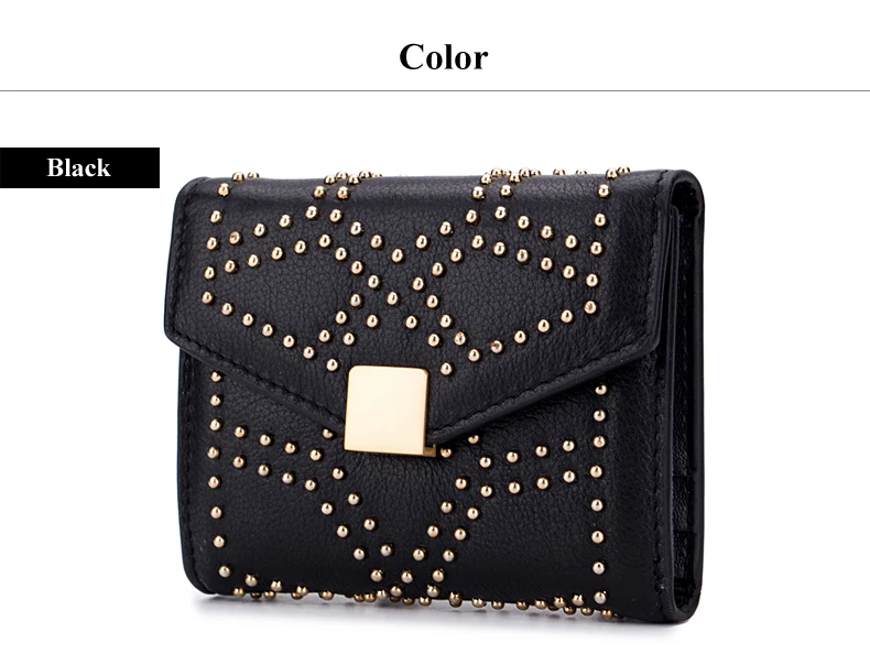 Lomelobo Ladies Rivets Small Wallet Genuine Cow Leather Women Three-Fold Short Personality Wallet Girls Credit Card Holder Purse HPL2627-1 Details (14)