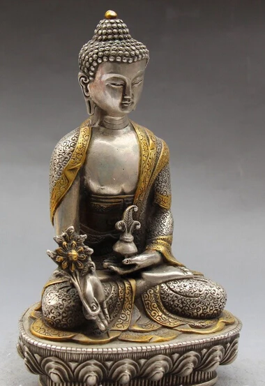 

8" Chinese Buddhism Silver Gilt Carving Seat Sakyamuni Medicine Buddha Statue