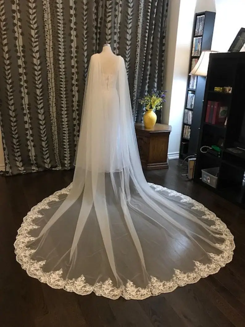 

White/Ivory/Off white Lace Cape Veil 108"W X 120" (3 Meter) Long Wedding Bridal Cape Cloak Shawl Lace Trim on Bottom Edge