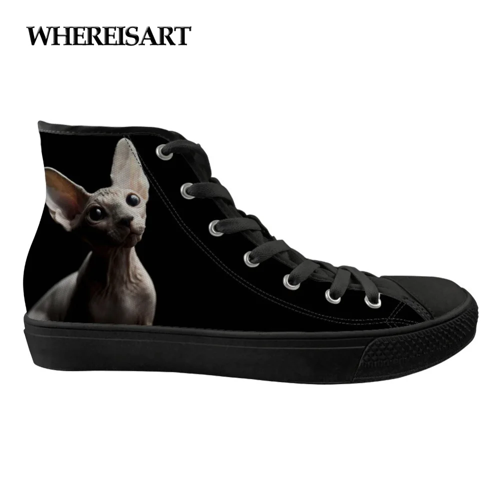 

WHEREISART Cute Spring Women Shoes Flats Animal Canadian Hairless Cats Pattern High Top Black Ladies Vulcanize Casual Sneakers
