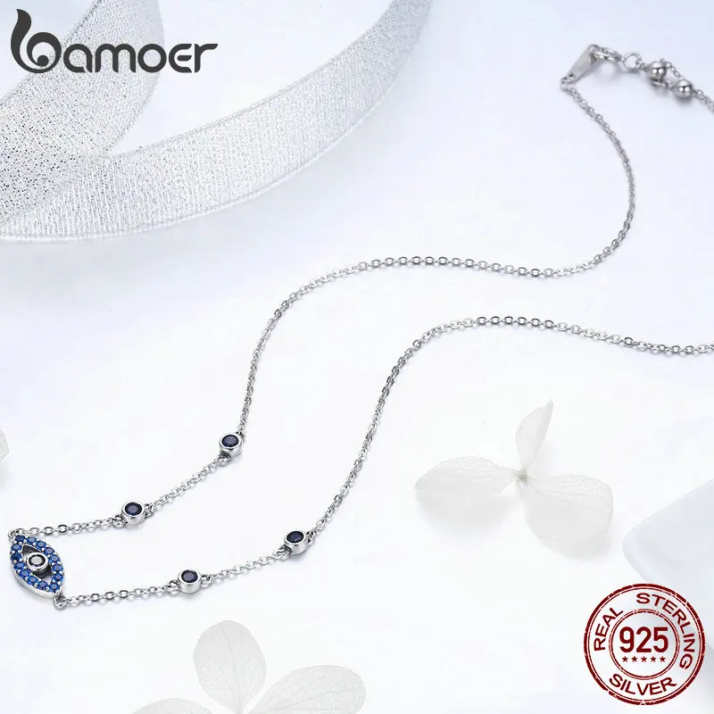 BAMOER Real 925 Sterling Silver Guardian Lucky Eye Blue CZ Chain Pendant Necklaces for Women Sterling Silver Jewelry SCN300 - Image 5