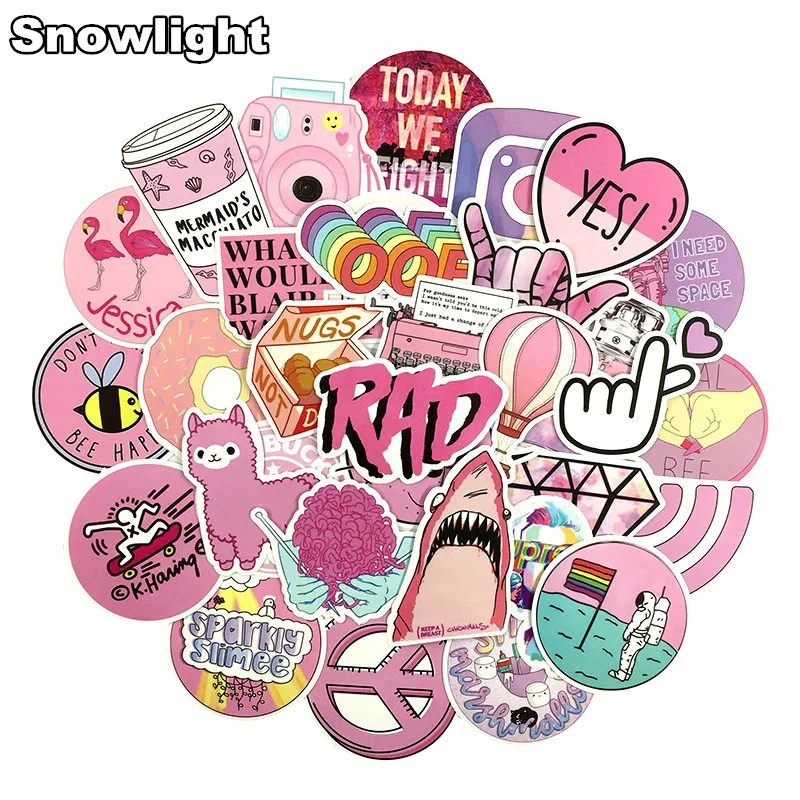 53Pcs Cartoon Pink Graffiti Pvc Waterproof Girl Sticker Toy For Laptop Moto Skateboard Luggage Guitar Handbag Diy Stickers huismerk kopen in de aanbieding