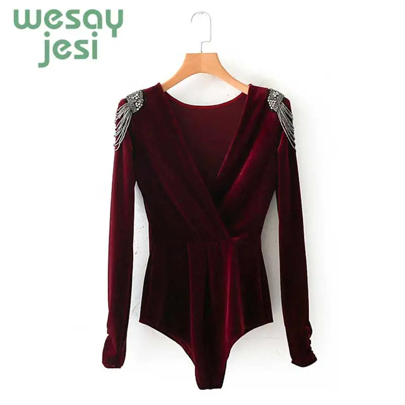 Women Bodysuits Beading Elegant Jumpsuit Black Velvet Bodysuit 2019 new Long Sleeve Ladies Bodysuits Women Bodysuits Beading Elegant Jumpsuit Black Velvet Bodysuit 2019 new Long Sleeve Ladies Bodysuits