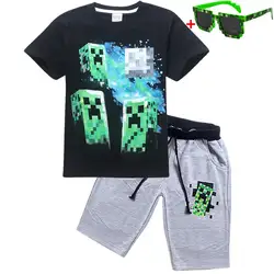 Новый летний детский костюм с рисунком из мультфильма «майнкрафт» хлопковая футболка с короткими рукавами + штаны детский спортивный