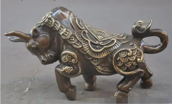 

S2829 7" Chinese Folk Classic Fengshui Bronze Lucky Wealth Coin Money Ox Bull Statue