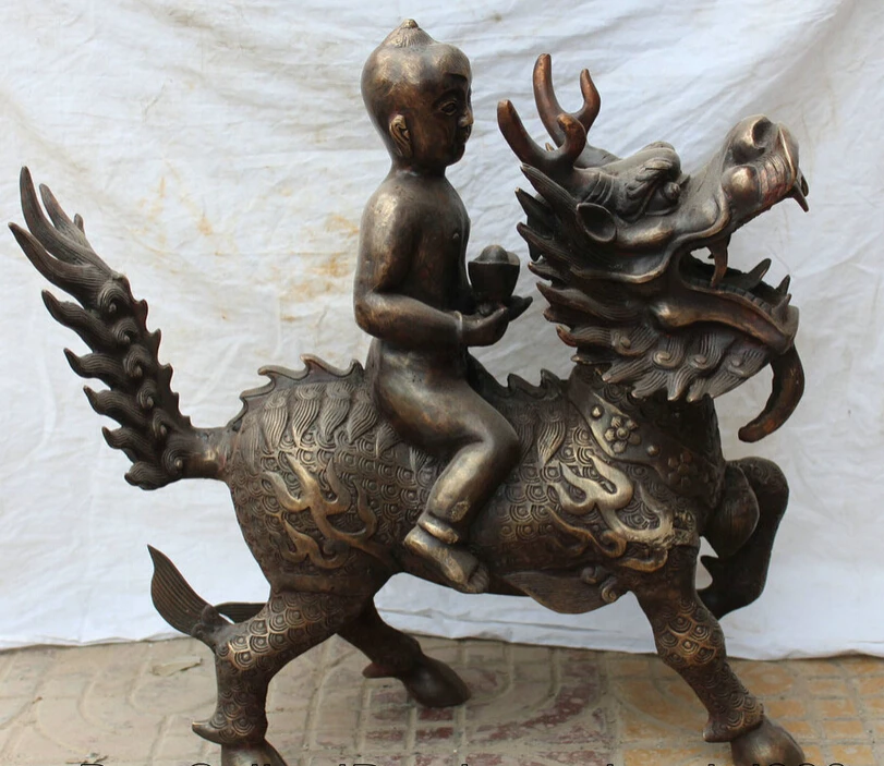 

song voge gem S5655 24" Chinese Fengshui Bronze Boy lad Ride Dragon Kylin Beast Yuanbao Cai Statue