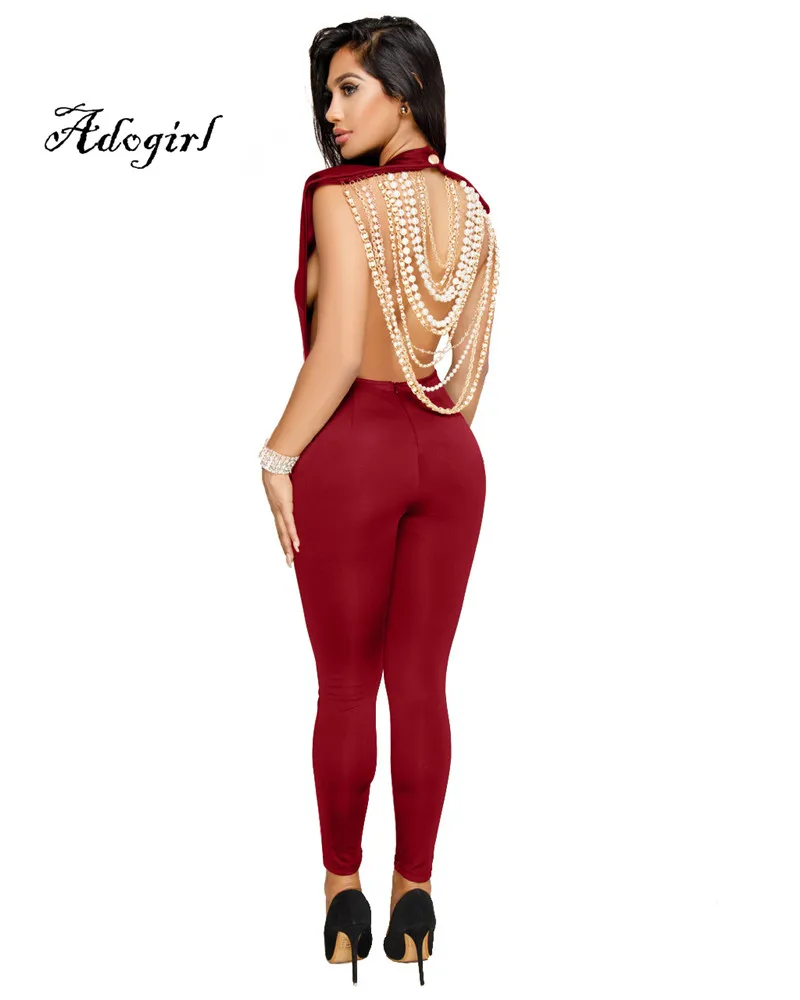 Adogirl 2018 Spring Sexy Back Pearl Chain Women Jumpsuit Wine-2