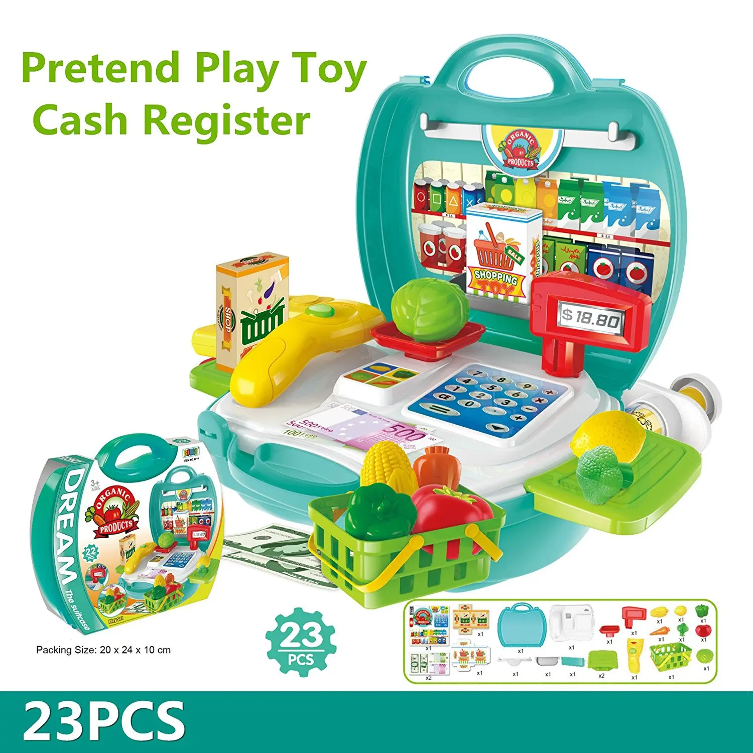 

23Pcs Multi-functional Educational Role Play Pretend Play Toy Cash Register With Shopping Basket Scanner Scale Calculator