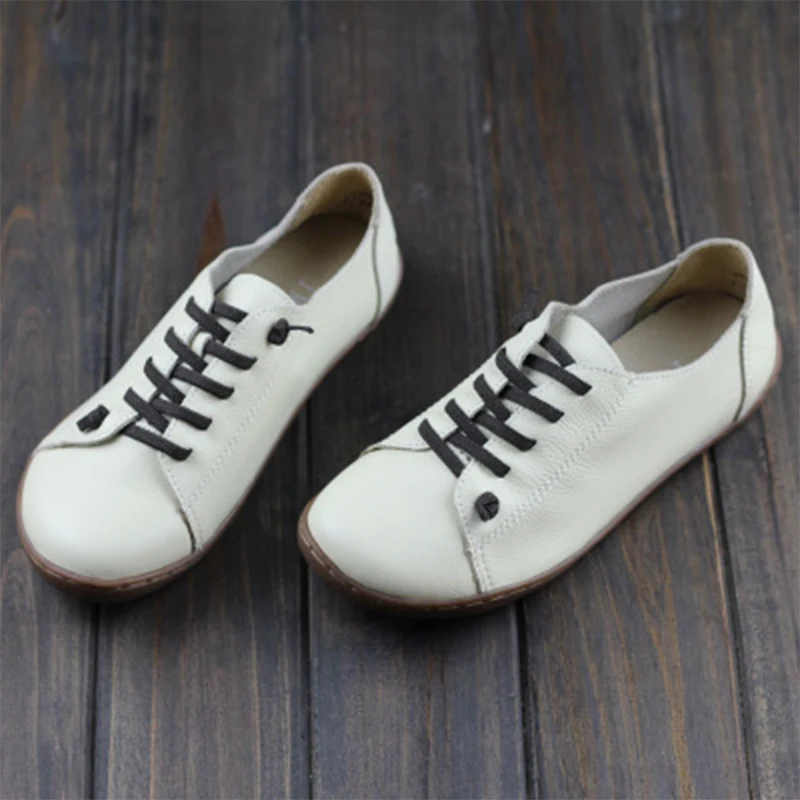 MCCKLE/Женская обувь на плоской подошве; осенние мокасины на платформе со шнуровкой; женская повседневная обувь из натуральной кожи; обувь с вышивкой; большие размеры - Цвет: Бежевый